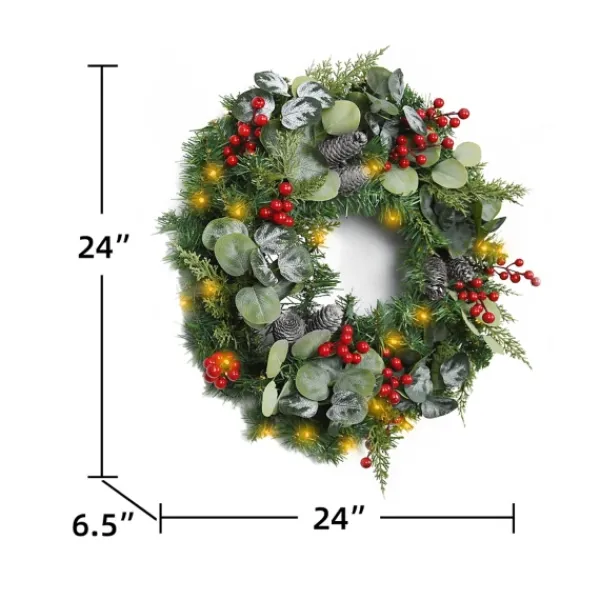 Wreaths-Kirkland's Home White Tip Pinecone And Eucalyptus Pre-Lit Wreath Green/White/Red
