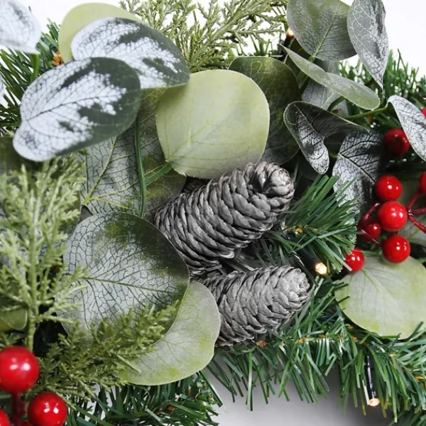 Wreaths-Kirkland's Home White Tip Pinecone And Eucalyptus Pre-Lit Wreath Green/White/Red