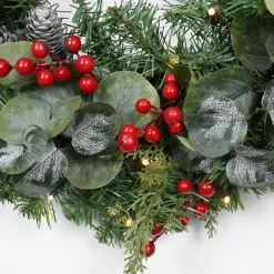 Wreaths-Kirkland's Home White Tip Pinecone And Eucalyptus Pre-Lit Wreath Green/White/Red