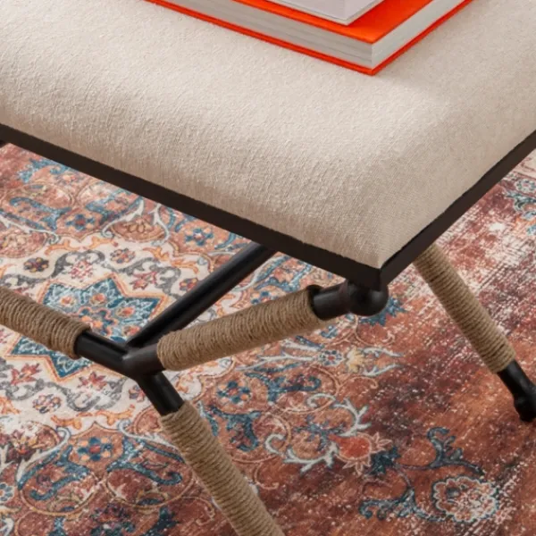Dining Chairs-Kirkland's Home White Upholstered And Wrapped Rope Metal Bench White/Black/Tan