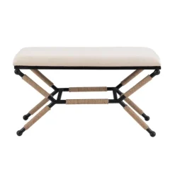 Dining Chairs-Kirkland's Home White Upholstered And Wrapped Rope Metal Bench White/Black/Tan