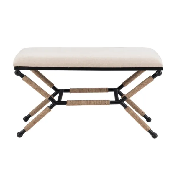 Dining Chairs-Kirkland's Home White Upholstered And Wrapped Rope Metal Bench White/Black/Tan