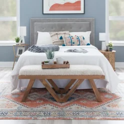 Benches & Ottomans-Kirkland's Home White Upholstered Seat And Tan Wood Bench Tan/White