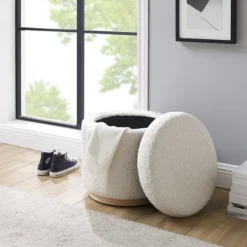 Benches & Ottomans-Kirkland's Home White Upholstered Wood Trim Ottoman White/Tan