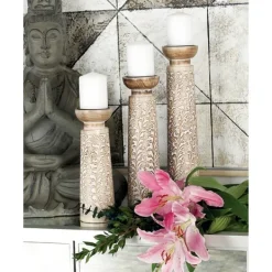 Candle Holders-Kirkland's Home White Washed Floral Wood Candle Holders, Set Of 3 White/Brown