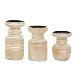 Candle Holders-Kirkland's Home White Washed Wood Carved Candle Holders, Set Of 3 White/Brown/Tan