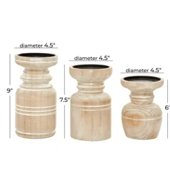 Candle Holders-Kirkland's Home White Washed Wood Carved Candle Holders, Set Of 3 White/Brown/Tan