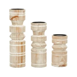 Candle Holders-Kirkland's Home White Washed Wood Column Candle Holders, Set Of 3 White/Brown/Tan