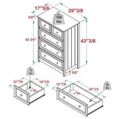 Dressers & Chests-Kirkland's Home White Wood Five Framed Drawers Dresser