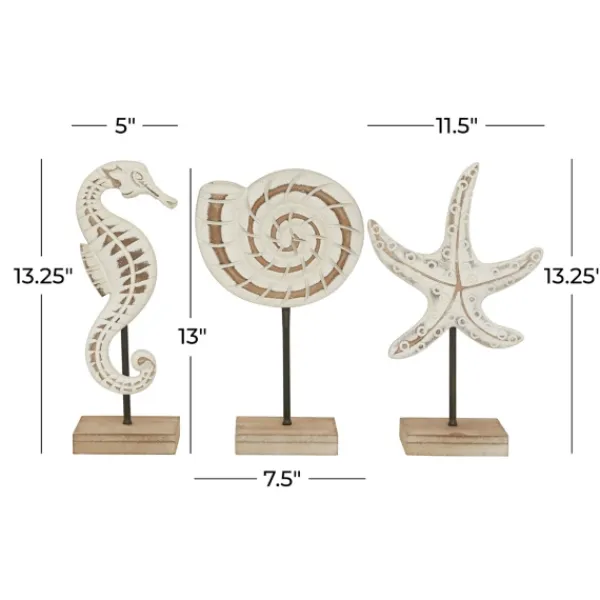 Statues & Figurines-Kirkland's Home White Wood Sea Creature Statues, Set Of 3 Tan/White