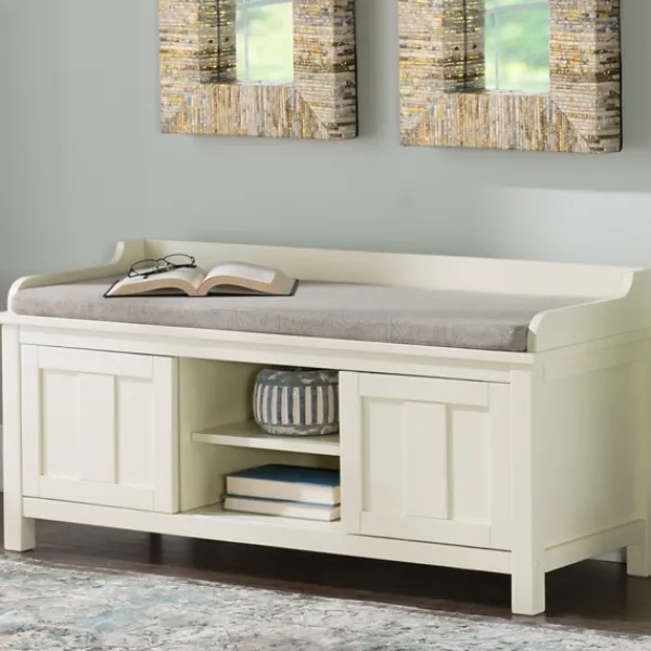 Benches & Ottomans-Kirkland's Home White Wood Upholstered Storage Bench White/Gray