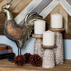 Candle Holders-Kirkland's Home Whitewash Floral Mango Candlesticks, Set Of 3 Ivory/Tan