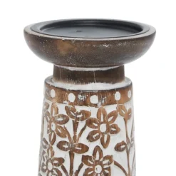 Candle Holders-Kirkland's Home Whitewash Floral Mango Candlesticks, Set Of 3 Ivory/Tan
