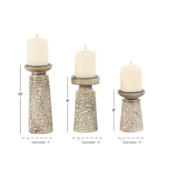 Candle Holders-Kirkland's Home Whitewash Floral Mango Candlesticks, Set Of 3 Ivory/Tan