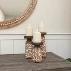 Candle Holders-Kirkland's Home Whitewash Floral Mango Candlesticks, Set Of 3 Ivory/Tan
