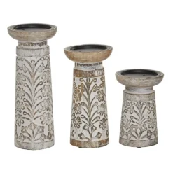 Candle Holders-Kirkland's Home Whitewashed Brown Carved Candle Holders, Set Of 3 White/Brown