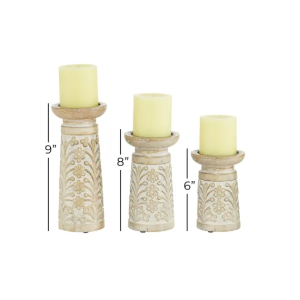 Candle Holders-Kirkland's Home Whitewashed Brown Carved Candle Holders, Set Of 3 White/Brown