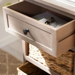 Accent & End Tables-Kirkland's Home Whitewashed Brown Wood Side Table With Baskets White/Brown