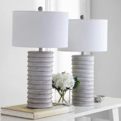 Table Lamps-Kirkland's Home Whitewashed Gray Resin Ridges 2-Pc. Table Lamp Set Ivory