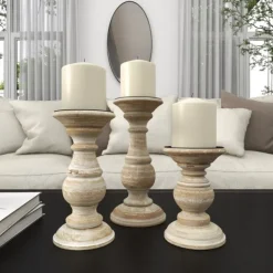 Candle Holders-Kirkland's Home Whitewashed Rustic 3-Pc. Candle Holder Set White/Tan