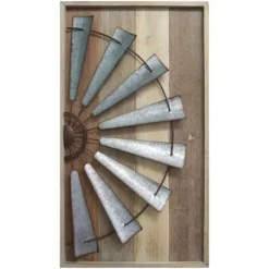 Wall Plaques-Kirkland's Home Windmill On Wood Panel Framed Wall Plaque Brown/Silver