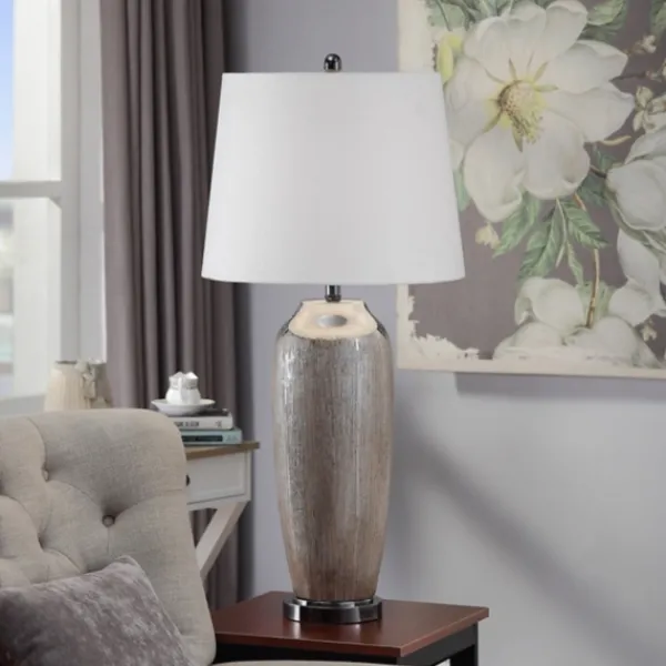 Table Lamps-Kirkland's Home Wire-Brushed Silver And Brown Column Table Lamp White