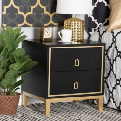 Nightstands-Kirkland's Home Wood & Gold Accent 2-Drawer Nightstand Black