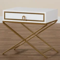 Nightstands-Kirkland's Home Wood & Gold X-Base Nightstand White