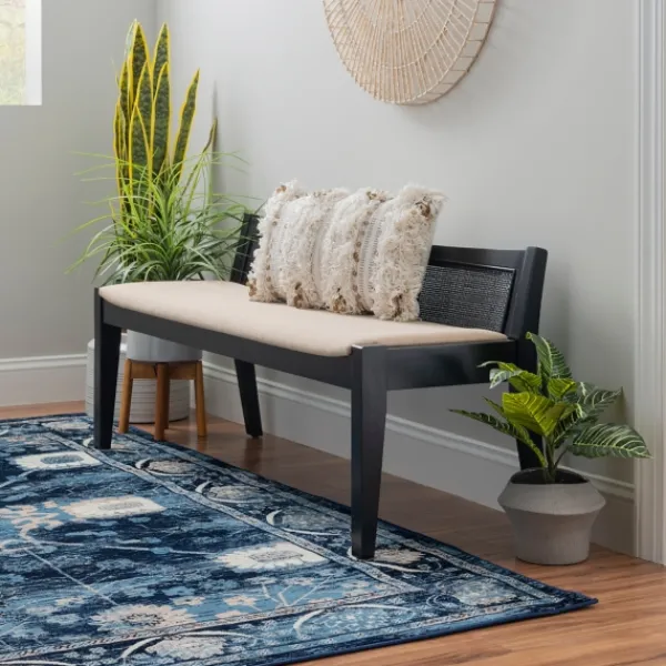 Benches & Ottomans-Kirkland's Home Wood And Cane Upholstered Bench Black