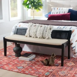 Benches & Ottomans-Kirkland's Home Wood And Cane Upholstered Bench Black