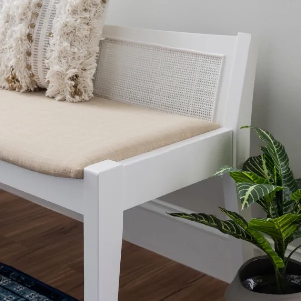 Benches & Ottomans-Kirkland's Home Wood And Cane Upholstered Bench White