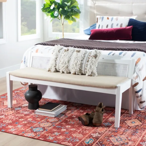 Benches & Ottomans-Kirkland's Home Wood And Cane Upholstered Bench White