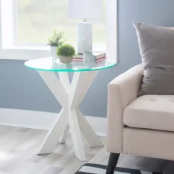 Accent & End Tables-Kirkland's Home Wood And Glass Top X-Base Accent Table White