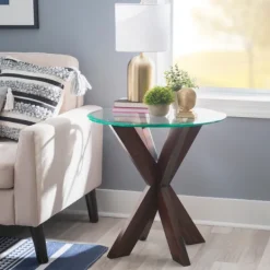 Accent & End Tables-Kirkland's Home Wood And Glass Top X-Base Accent Table Brown