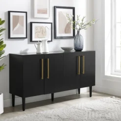 Cabinets & Sideboards-Kirkland's Home Wood And Gold 4-Door Cabinet Black