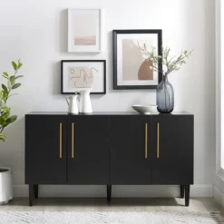 Cabinets & Sideboards-Kirkland's Home Wood And Gold 4-Door Cabinet Black