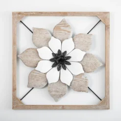 Wall Plaques-Kirkland's Home Wood And Metal Flower Ii Framed Wall Plaque White/Black/Tan