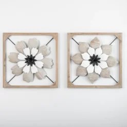 Wall Plaques-Kirkland's Home Wood And Metal Flower Ii Framed Wall Plaque White/Black/Tan