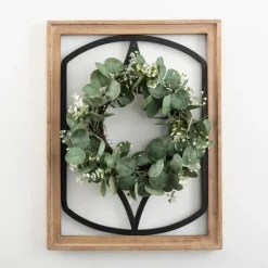 Wall Plaques-Kirkland's Home Wood And Metal Framed Wreath Wall Plaque Green/Black/Tan