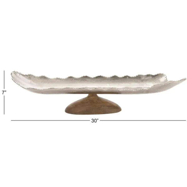Decorative Trays-Kirkland's Home Wood And Metal Scalloped Rim Tray Silver/Brown