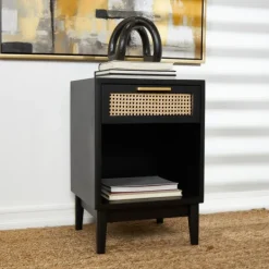 Nightstands-Kirkland's Home Wood And Natural Rattan Drawer Nightstand Black