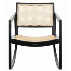 Accent Chairs-Kirkland's Home Wood And Natural Rattan Rocking Chair Black