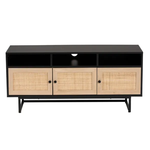 Tv Stands & Media Consoles-Kirkland's Home Wood And Rattan 3-Door Tv Stand Black