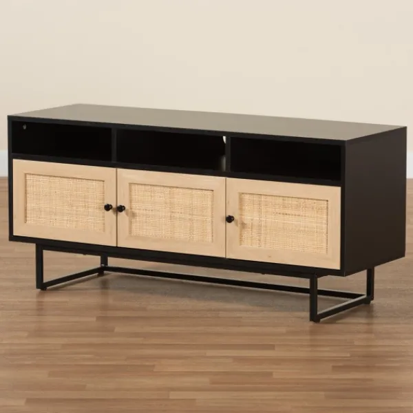 Tv Stands & Media Consoles-Kirkland's Home Wood And Rattan 3-Door Tv Stand Black