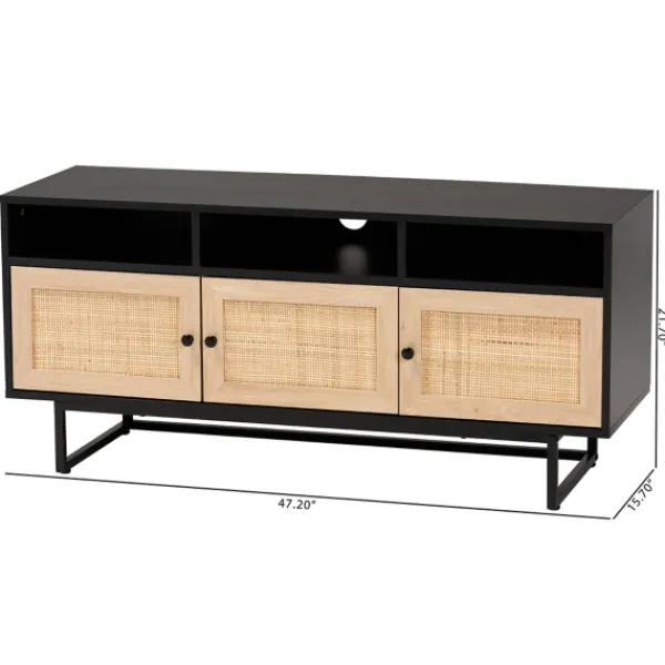 Tv Stands & Media Consoles-Kirkland's Home Wood And Rattan 3-Door Tv Stand Black