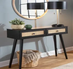 Entryway Furniture-Kirkland's Home Wood And Rattan 2-Drawer Console Table Black