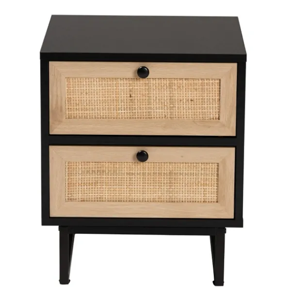Nightstands-Kirkland's Home Wood And Rattan 2-Drawer Nightstand Black