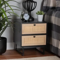 Nightstands-Kirkland's Home Wood And Rattan 2-Drawer Nightstand Black