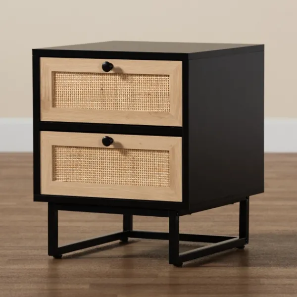 Nightstands-Kirkland's Home Wood And Rattan 2-Drawer Nightstand Black