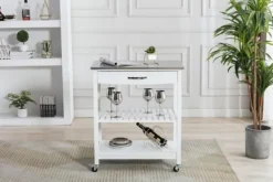 Kitchen Islands & Bar Carts-Kirkland's Home Wood And Stainless Steel Top Kitchen Cart White